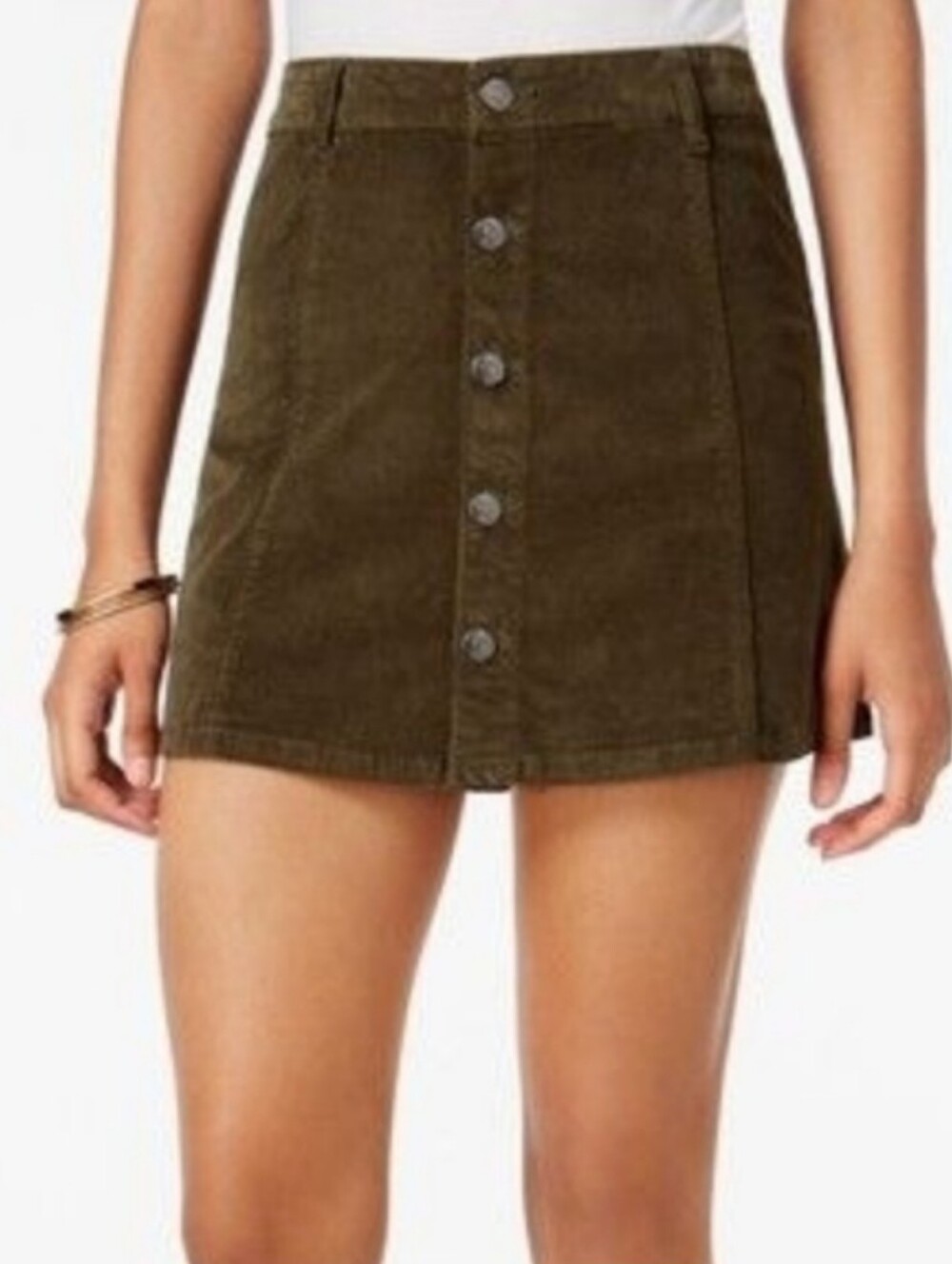 Celebrity Pink Olive Green Corduroy Velour Button Up A Line Mini Skirt 7/28